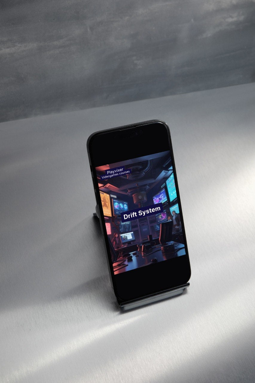 Smartphone displaying a colorful app interface on a white surface with a gray background