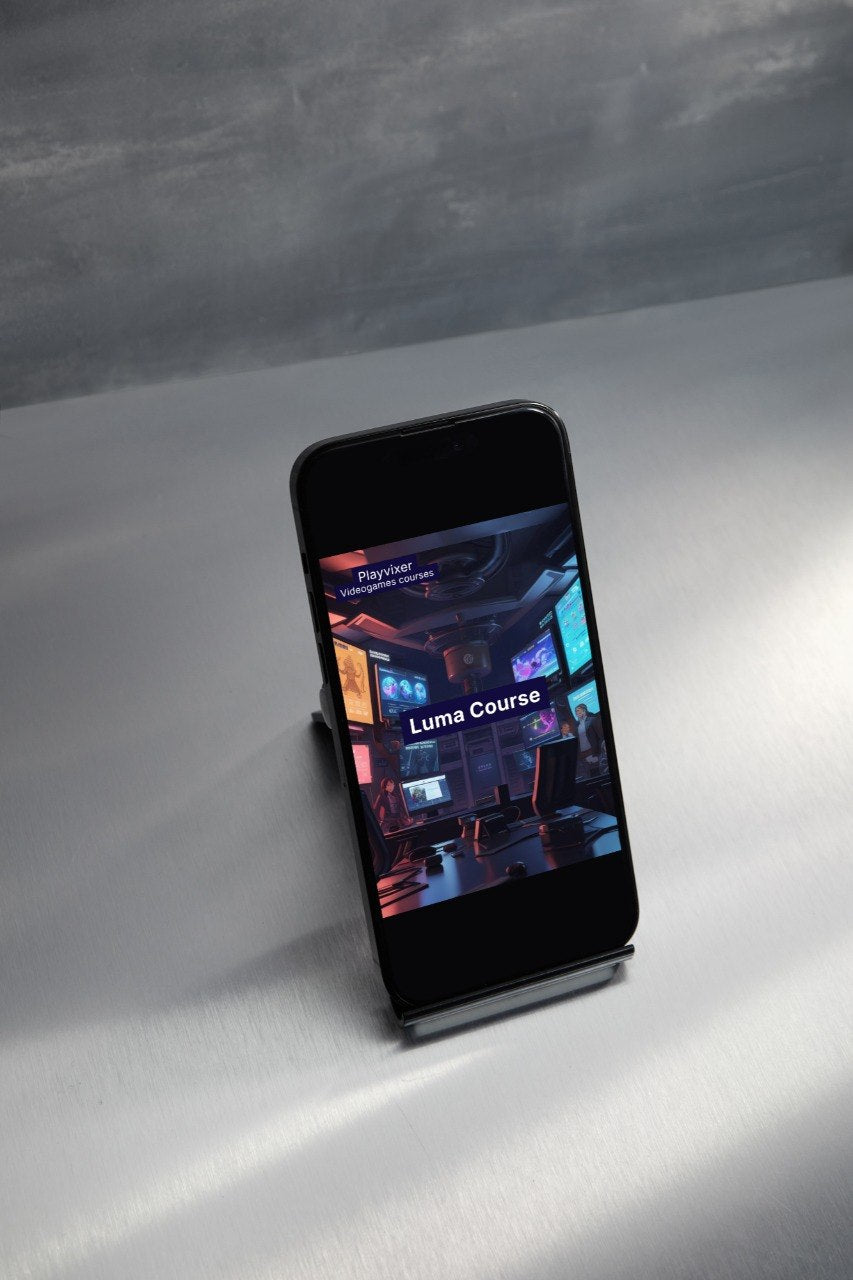 Smartphone displaying a colorful app interface on a white surface with a gray background