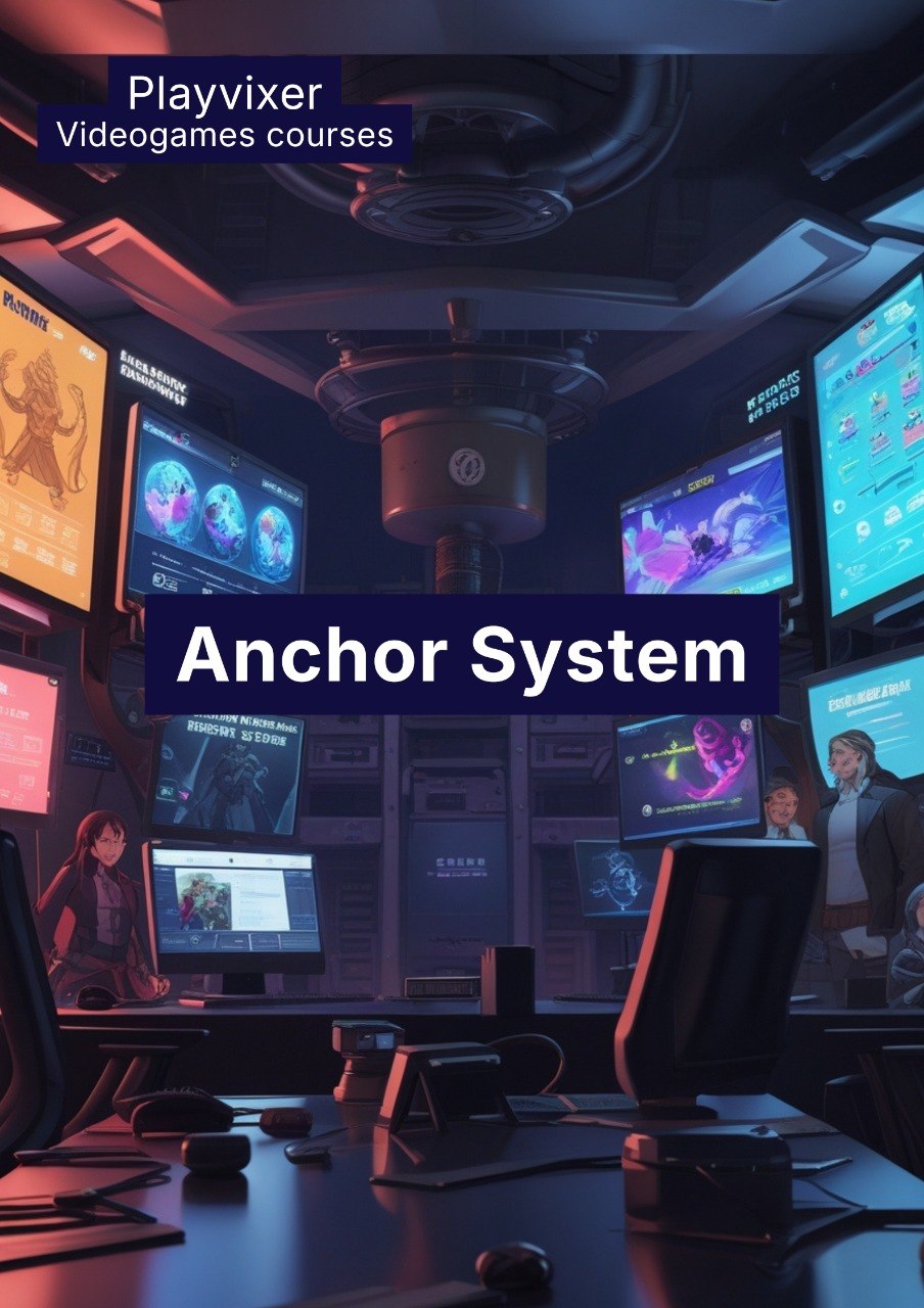 Control room with multiple monitors displaying various graphics and text, featuring 'Playvixer' and 'Anchor System'.
