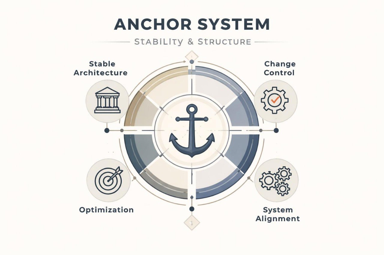 Diagram of an 'Anchor System' with stability and structure elements on a white background.