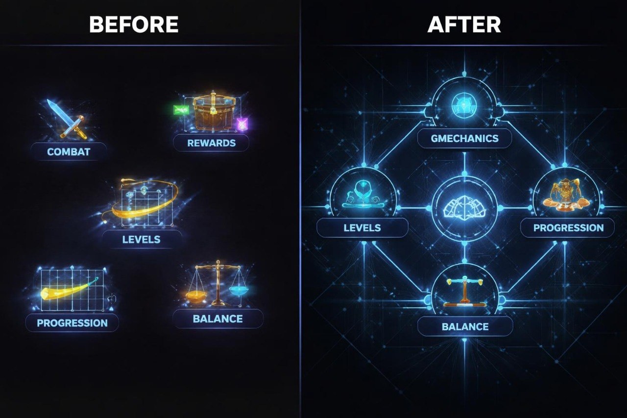 Before and after comparison of game mechanics icons on a dark background