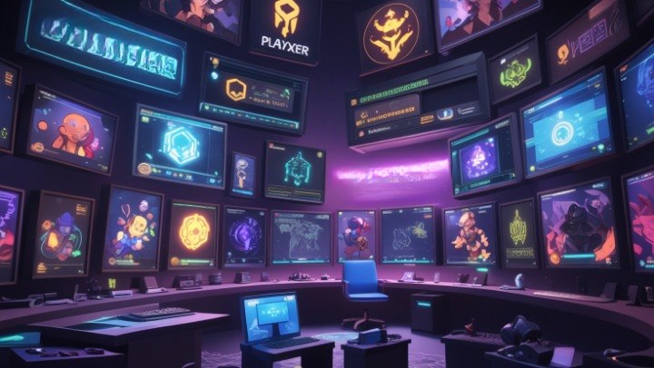 Control room with multiple monitors displaying various graphics and interfaces.
