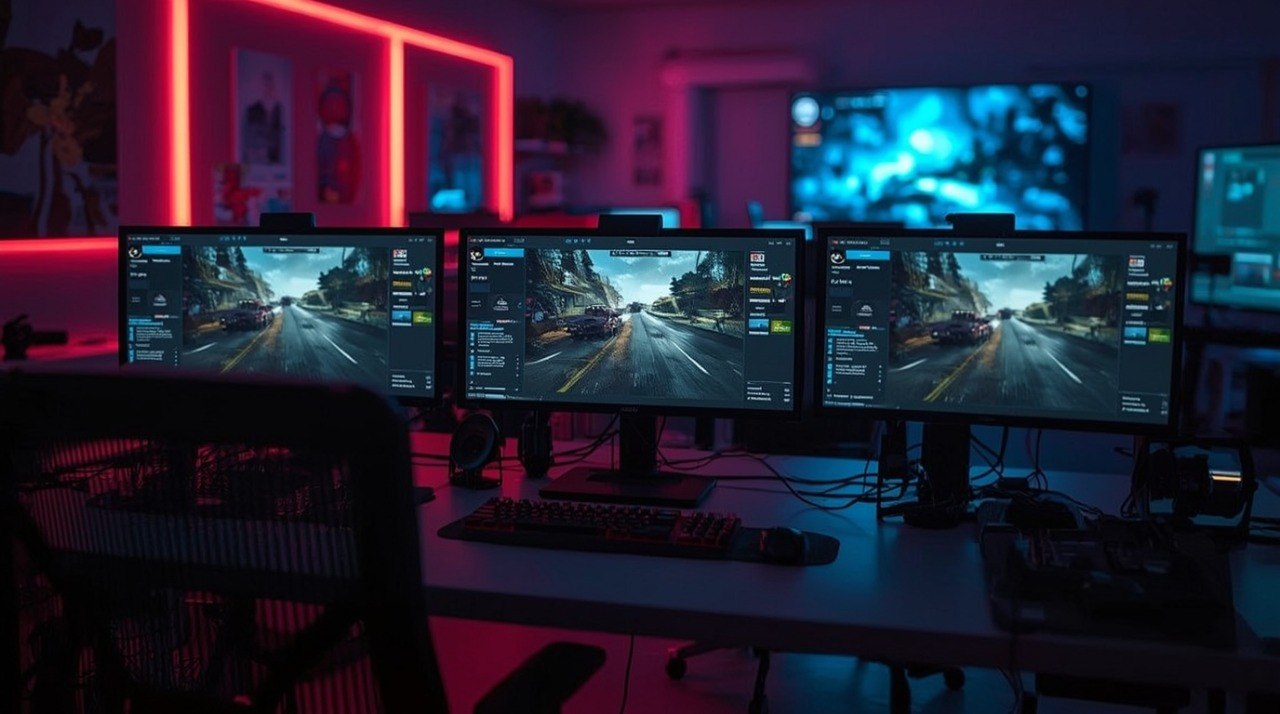 Multiple computer monitors displaying a racing game in a dark room with red lighting.