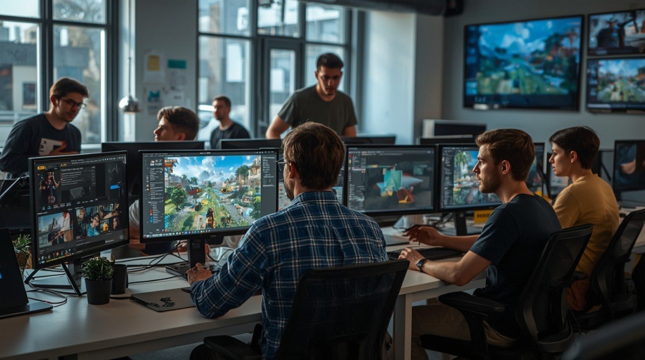 Group of people working on computers in a modern office setting