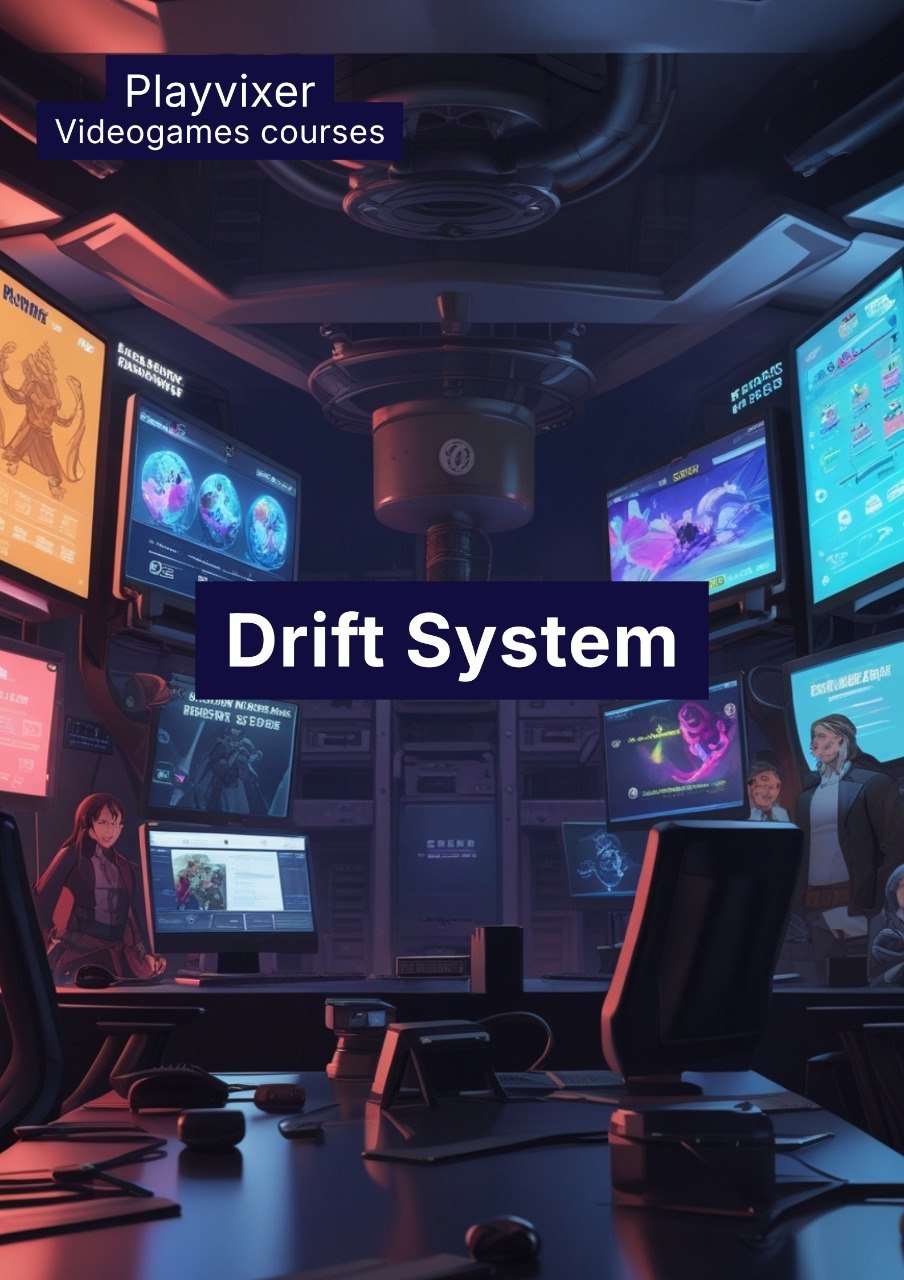 Control room with multiple monitors displaying various graphics and a central 'Drift System' sign, with 'Playvixer' branding.