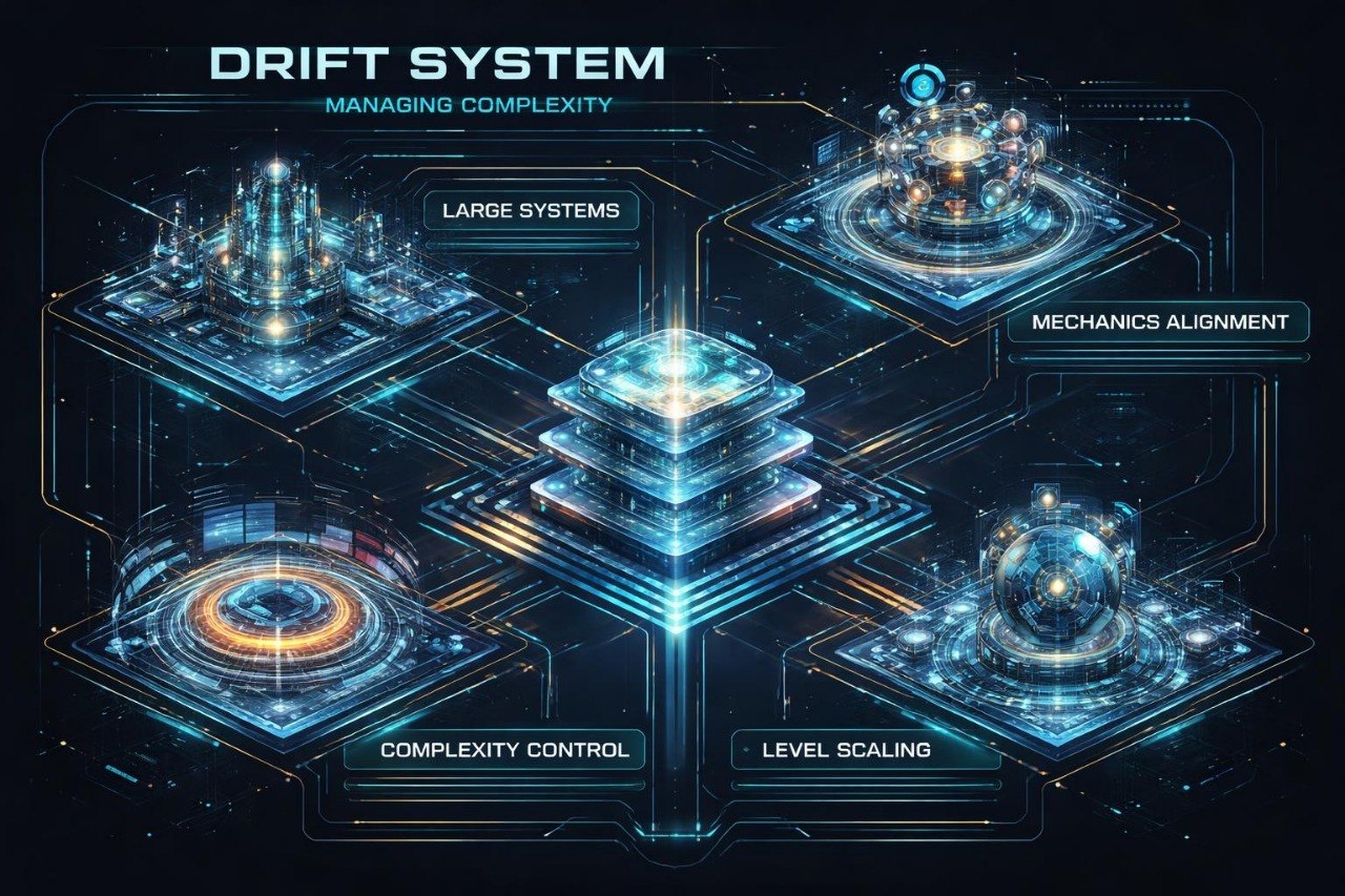 Futuristic interface with 'Drift System' managing complexity on a dark background