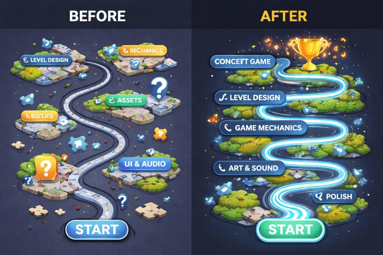 Before and after comparison of a game development process flowchart.