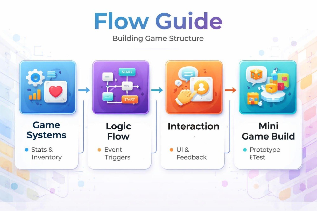 Flow Guide for building game structure with colorful icons and text on a light background