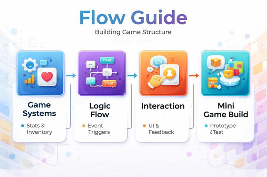 Flow Guide for building game structure with colorful icons and text on a light background