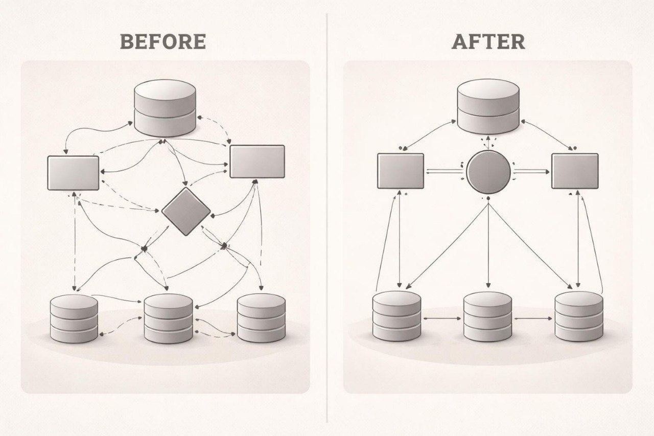 Comparison of network architecture diagram labeled 'Before' and 'After' on a light background.