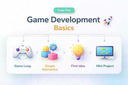 Game development basics with icons and text on a light blue background