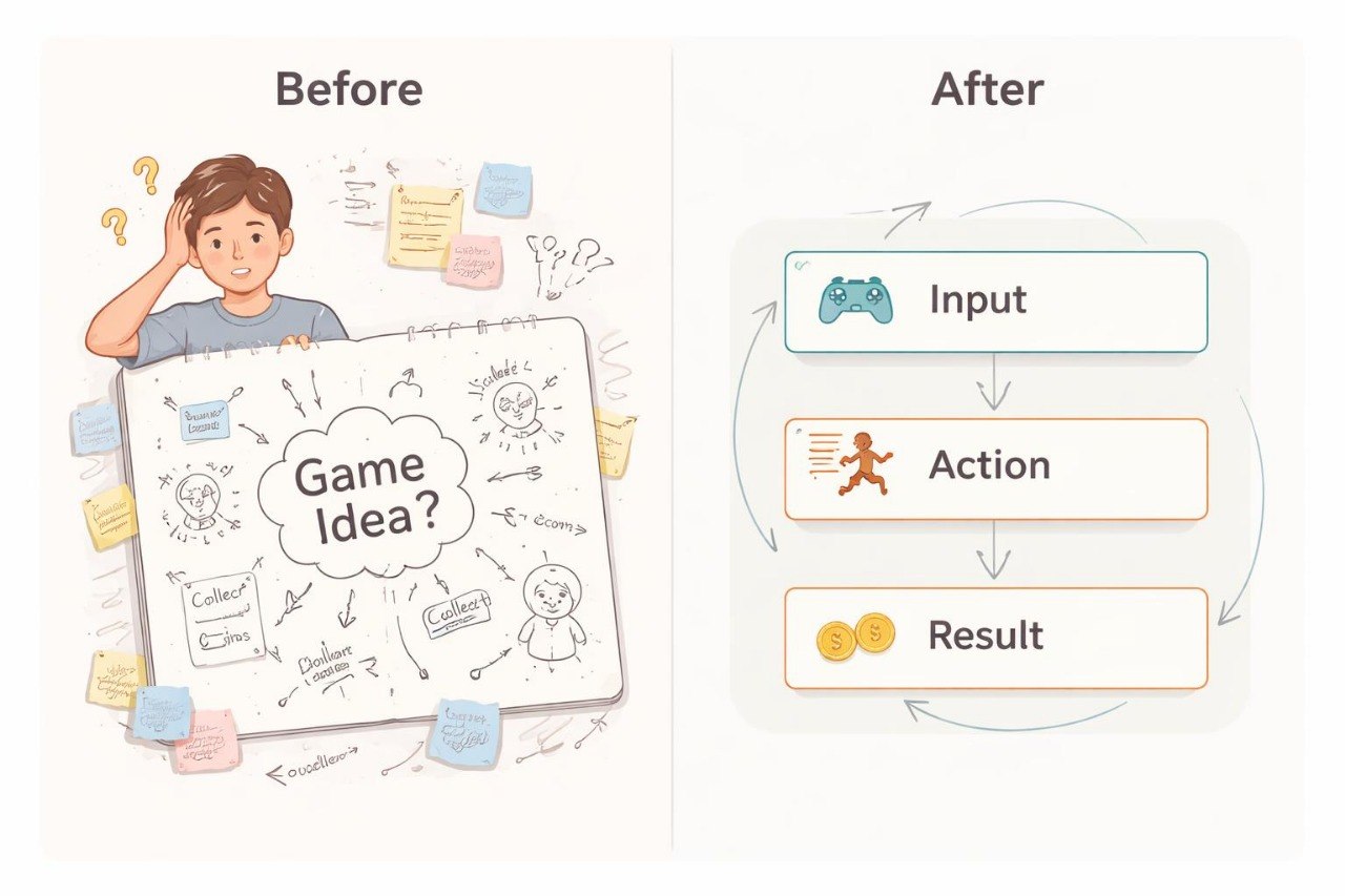 Illustration of a person with a game idea board and a flowchart showing game development process.