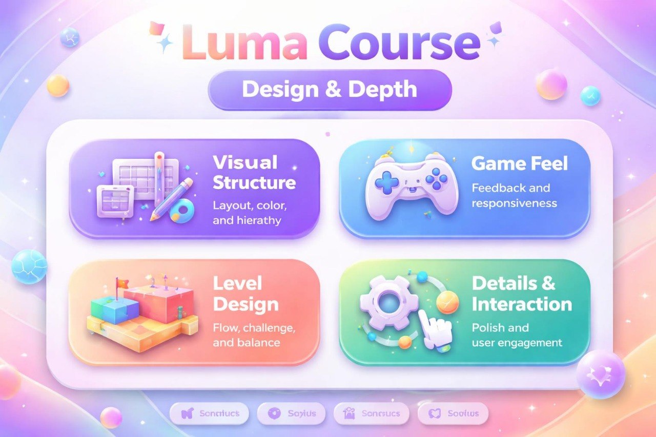 Luma Course design elements with 'Visual Structure', 'Game Feel', 'Level Design', and 'Details & Interaction' on a colorful background.