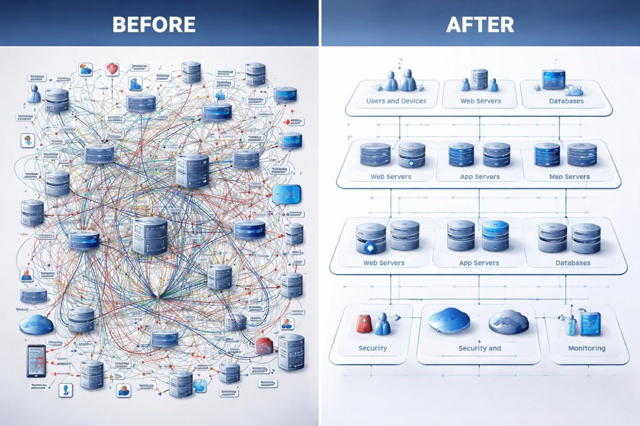 Comparison before and after diagram of a network architecture with blue and gray icons.