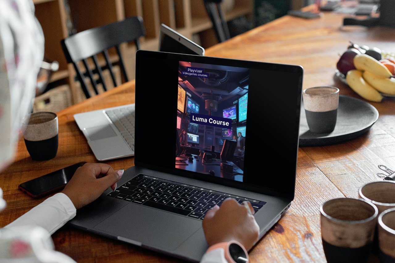 Person using a laptop on a wooden table with coffee cups and fruit in the background