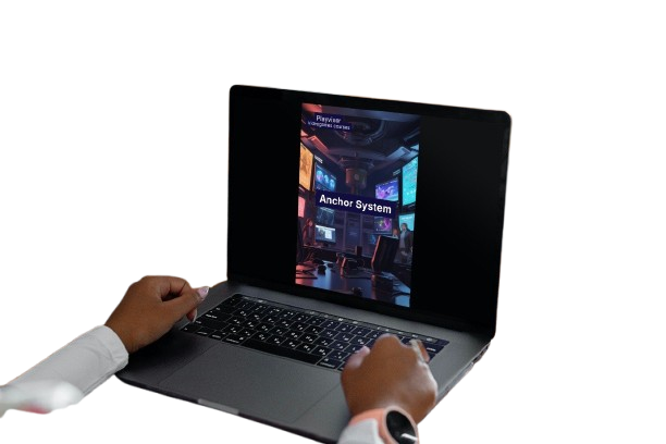 Person using a laptop with a futuristic interface on the screen