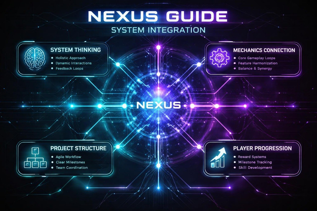Nexus Guide system integration diagram with central 'Nexus' and surrounding components on a dark background.