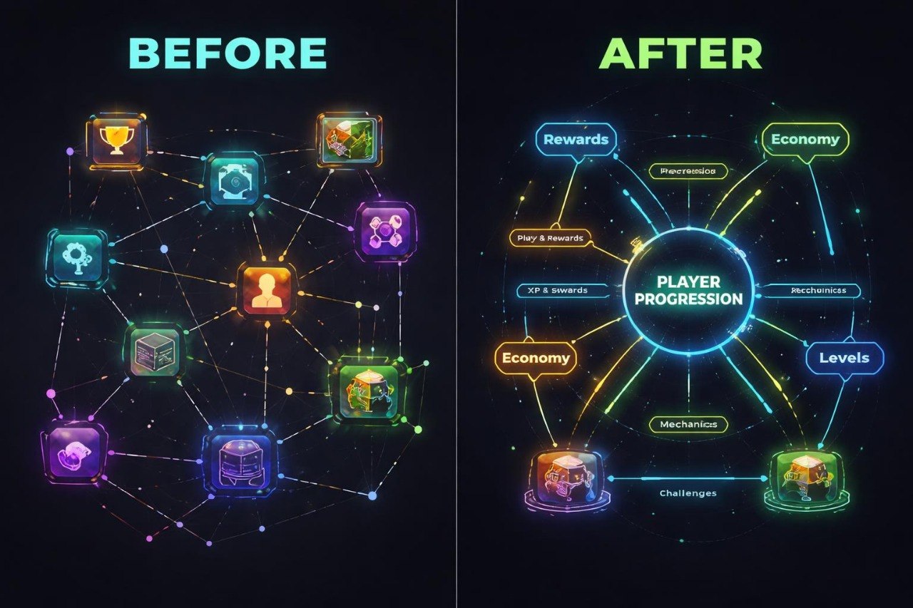 Before and after comparison of a player progression system diagram.