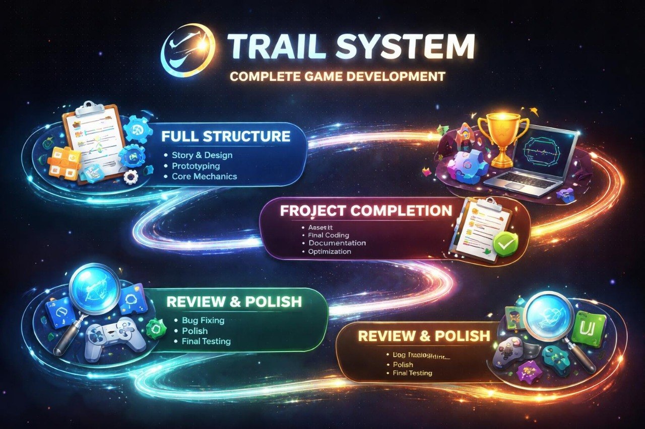 Diagram of the Trail System game development process on a dark background with glowing elements.