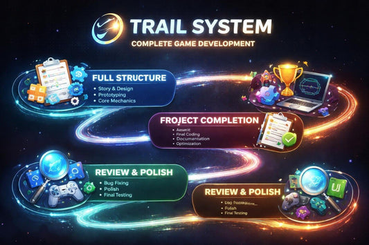 Diagram of the Trail System game development process on a dark background with glowing elements.