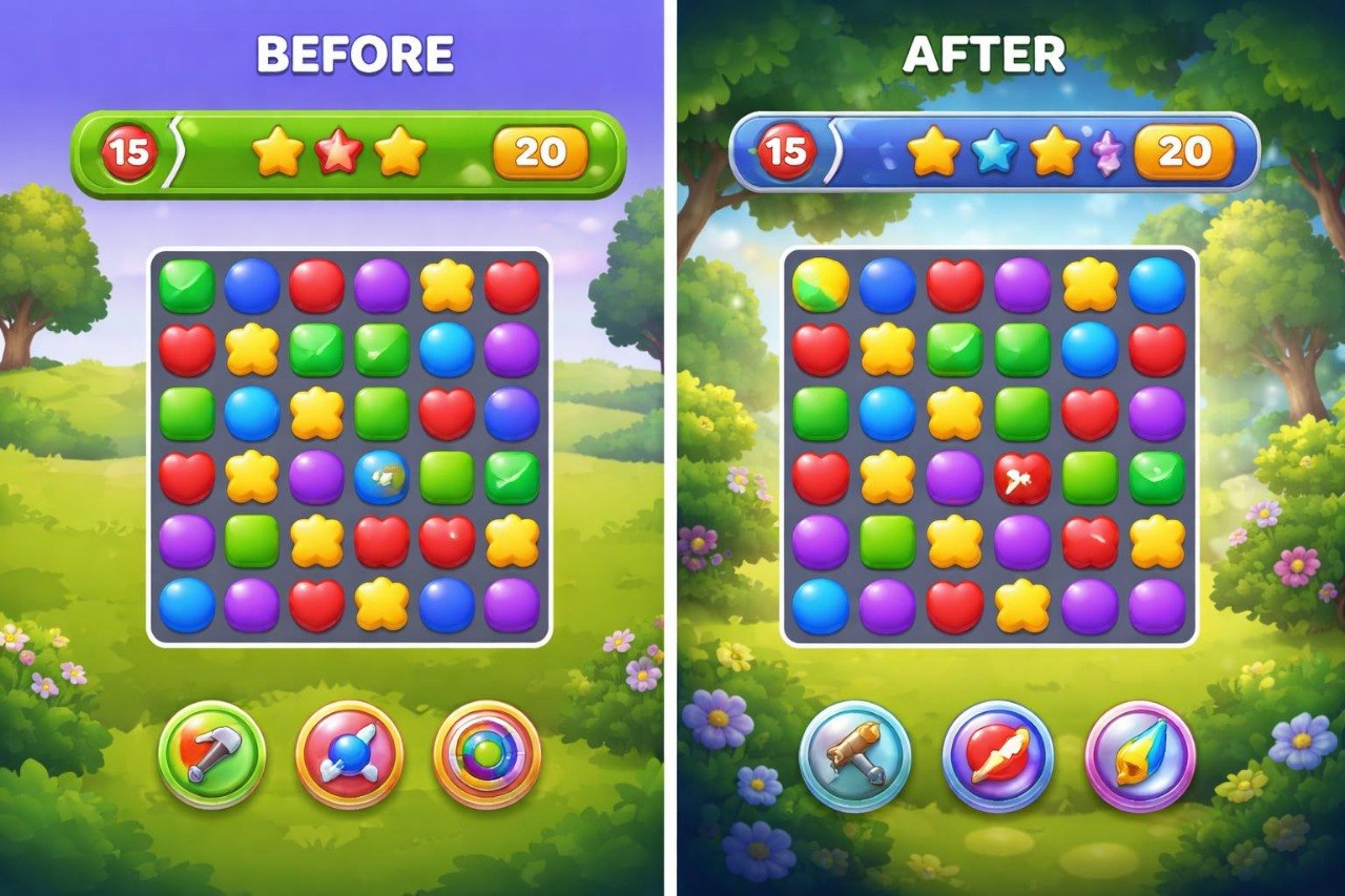 Before and after comparison of a colorful puzzle game interface with a nature-themed background.