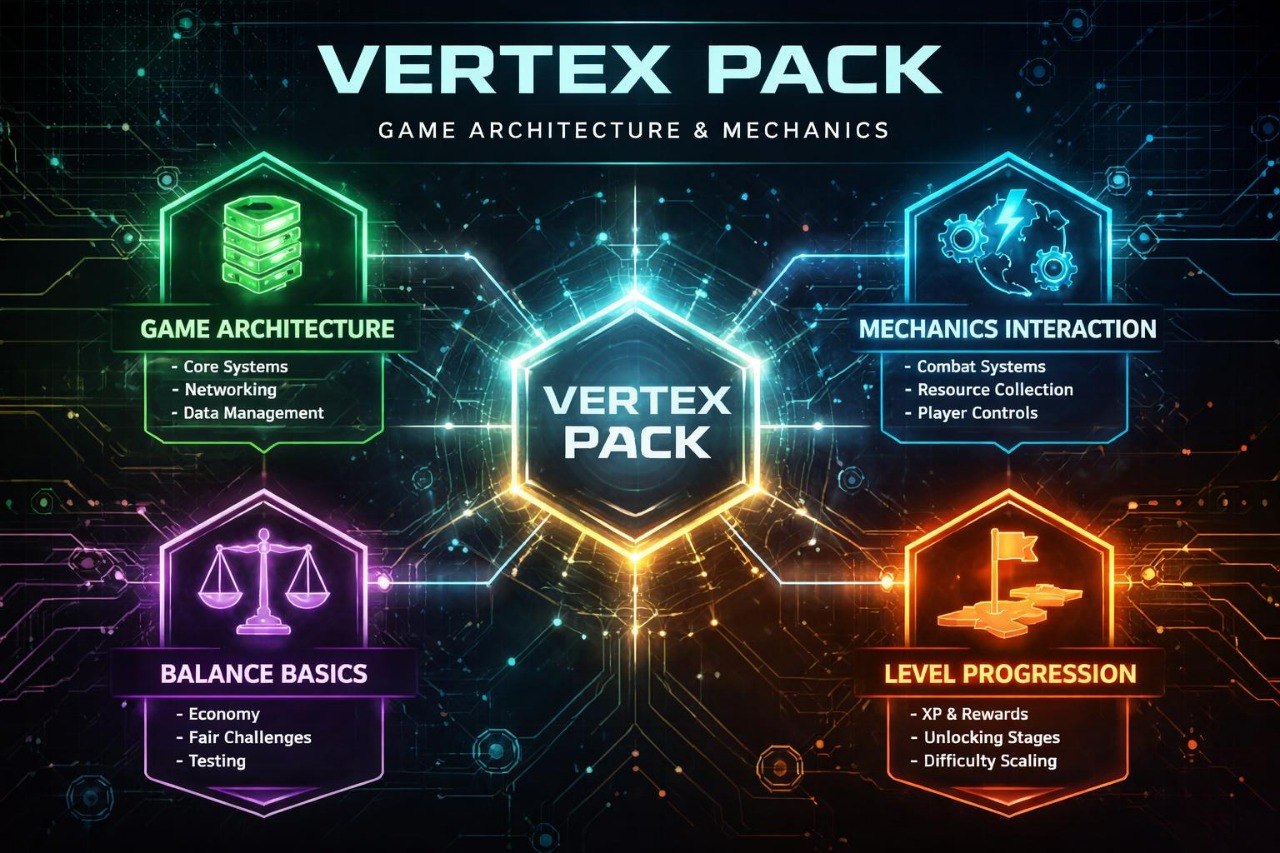 Vertex Pack game architecture and mechanics diagram with colorful hexagonal icons on a dark background.