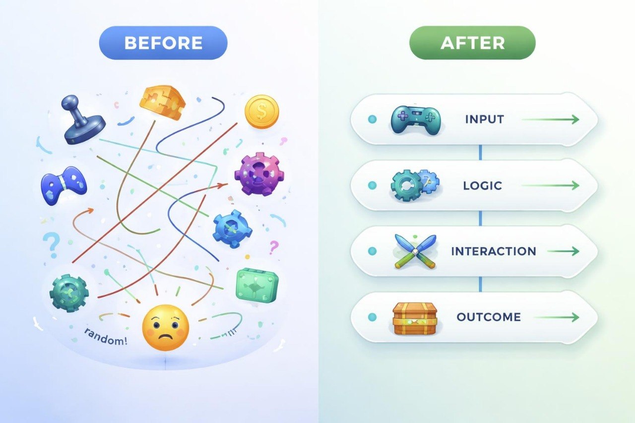 Comparison of a chaotic design labeled 'Before' with a more organized flowchart labeled 'After', showing components like input, logic, interaction, and outcome.